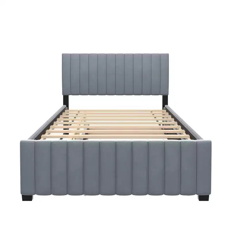 Full Size Velvet Upholstered Platform Bed with Twin Trundle, 500 lb Capacity