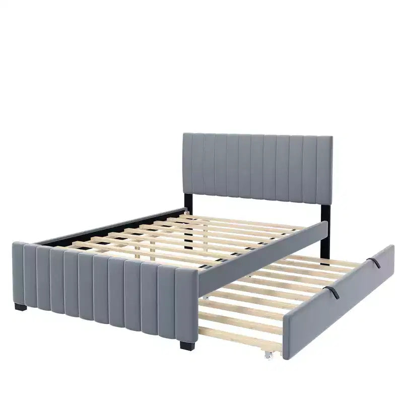 Full Size Velvet Upholstered Platform Bed with Twin Trundle, 500 lb Capacity