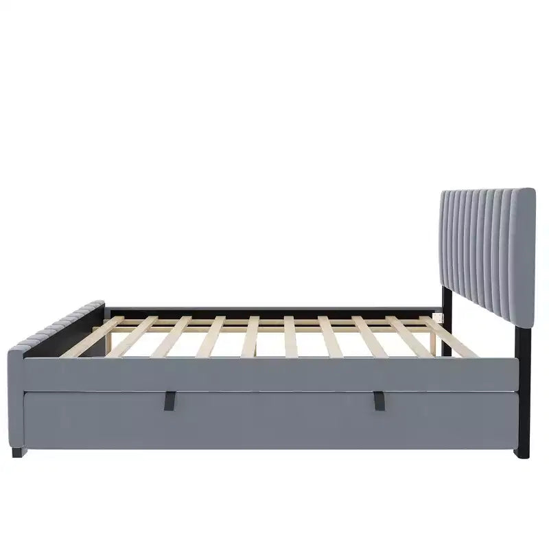 Full Size Velvet Upholstered Platform Bed with Twin Trundle, 500 lb Capacity