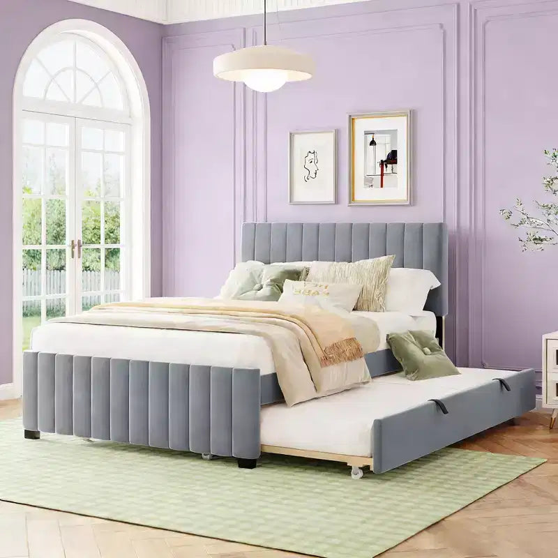 Full Size Velvet Upholstered Platform Bed with Twin Trundle, 500 lb Capacity