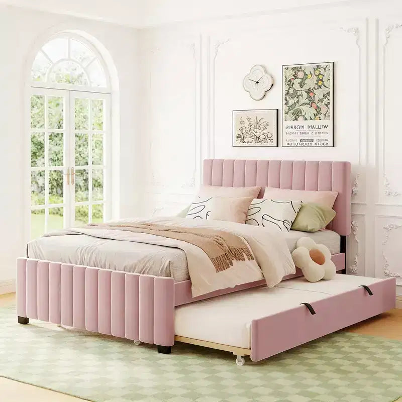 Full Size Velvet Upholstered Platform Bed with Twin Trundle, 500 lb Capacity