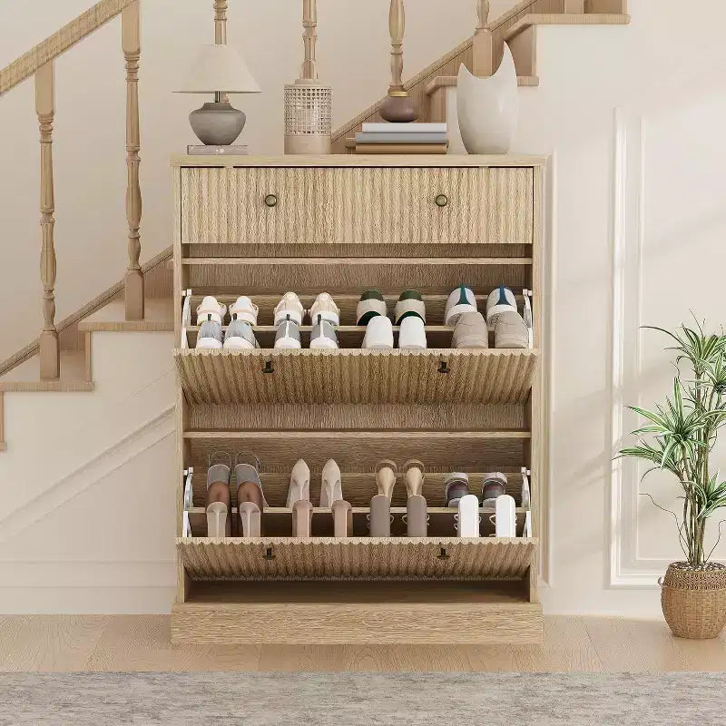 Acekool 42 Wave Panel Shoe Cabinet, Entryway Organizer with 2 Flip Drawers & Top Drawer