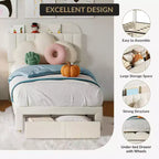 Twin Bed Frame for Kids, Upholstered Platform Bed with Large Storage Drawer and Bookcase Headboard, Noise-Free Easy Assembly Girls Boys Bed, Beige