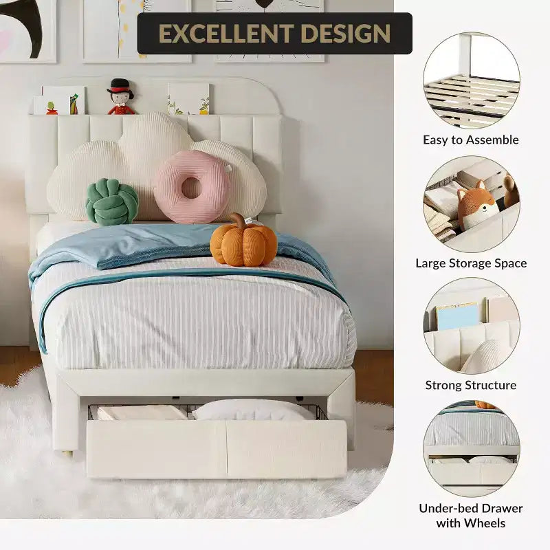 Twin Bed Frame for Kids, Upholstered Platform Bed with Large Storage Drawer and Bookcase Headboard, Noise-Free Easy Assembly Girls Boys Bed, Beige