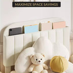 Twin Bed Frame for Kids, Upholstered Platform Bed with Large Storage Drawer and Bookcase Headboard, Noise-Free Easy Assembly Girls Boys Bed, Beige