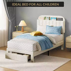 Twin Bed Frame for Kids, Upholstered Platform Bed with Large Storage Drawer and Bookcase Headboard, Noise-Free Easy Assembly Girls Boys Bed, Beige
