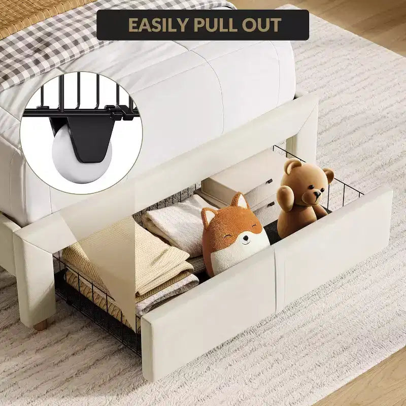 Twin Bed Frame for Kids, Upholstered Platform Bed with Large Storage Drawer and Bookcase Headboard, Noise-Free Easy Assembly Girls Boys Bed, Beige