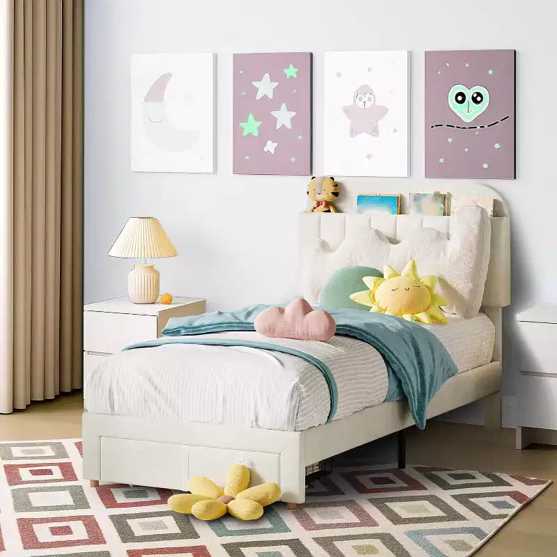 Twin Bed Frame for Kids, Upholstered Platform Bed with Large Storage Drawer and Bookcase Headboard, Noise-Free Easy Assembly Girls Boys Bed, Beige