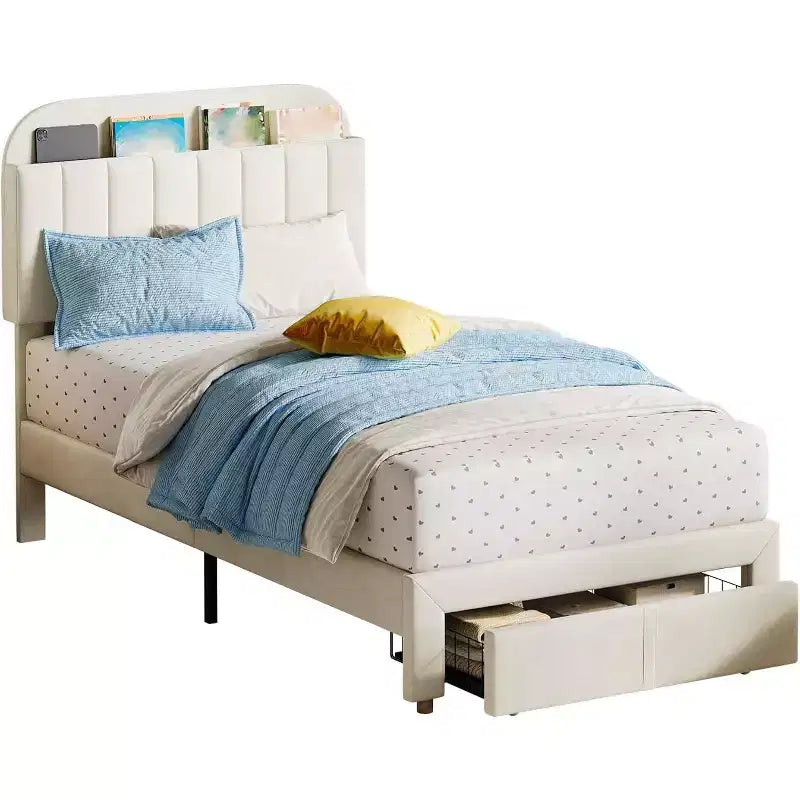 Twin Bed Frame for Kids, Upholstered Platform Bed with Large Storage Drawer and Bookcase Headboard, Noise-Free Easy Assembly Girls Boys Bed, Beige