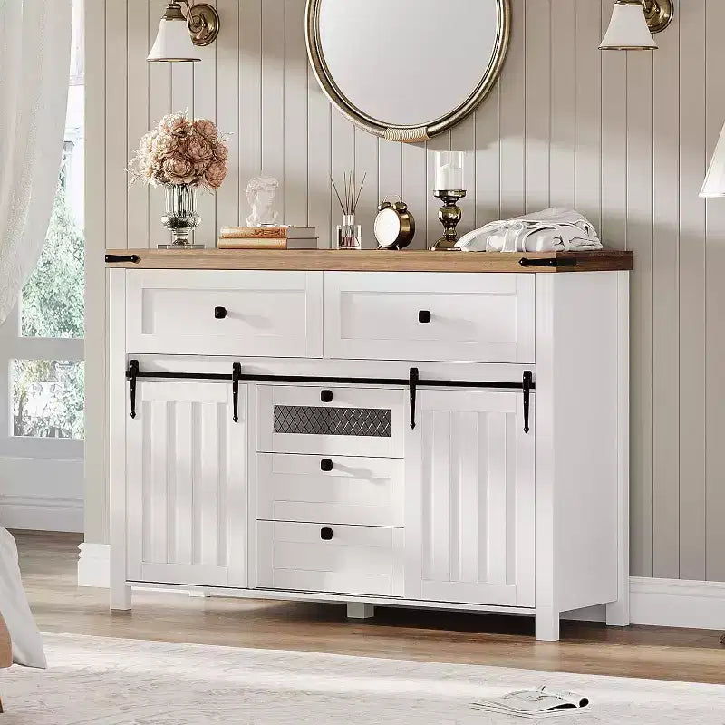 Farmhouse 5 Drawers Dresser for Bedroom with Sliding Barn Doors, 47 Wood Dresser & Chest of Drawers, Rustic TV Stand, for Home Office