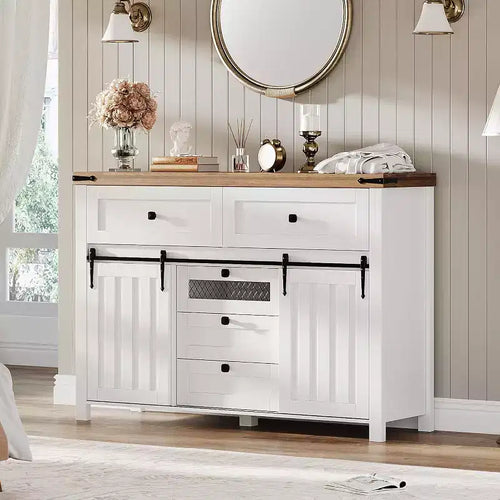 Farmhouse 5 Drawers Dresser for Bedroom with Sliding Barn Doors, 47 Wood Dresser & Chest of Drawers, Rustic TV Stand, for Home Office