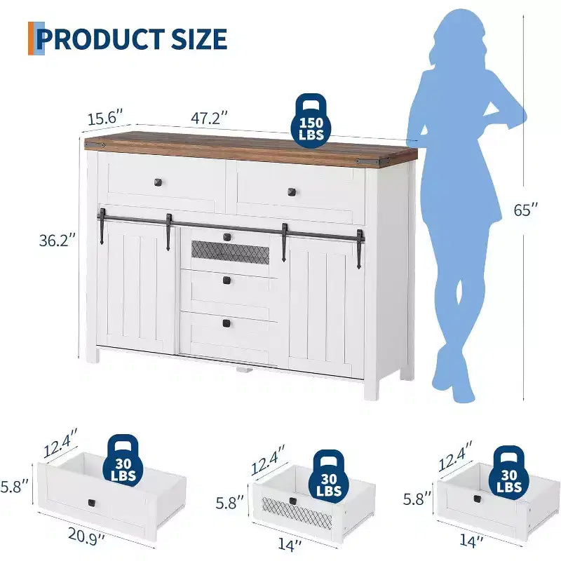 47-Inch Farmhouse Dresser with 5 Drawers and Sliding Barn Doors, White