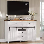 47-Inch Farmhouse Dresser with 5 Drawers and Sliding Barn Doors, White
