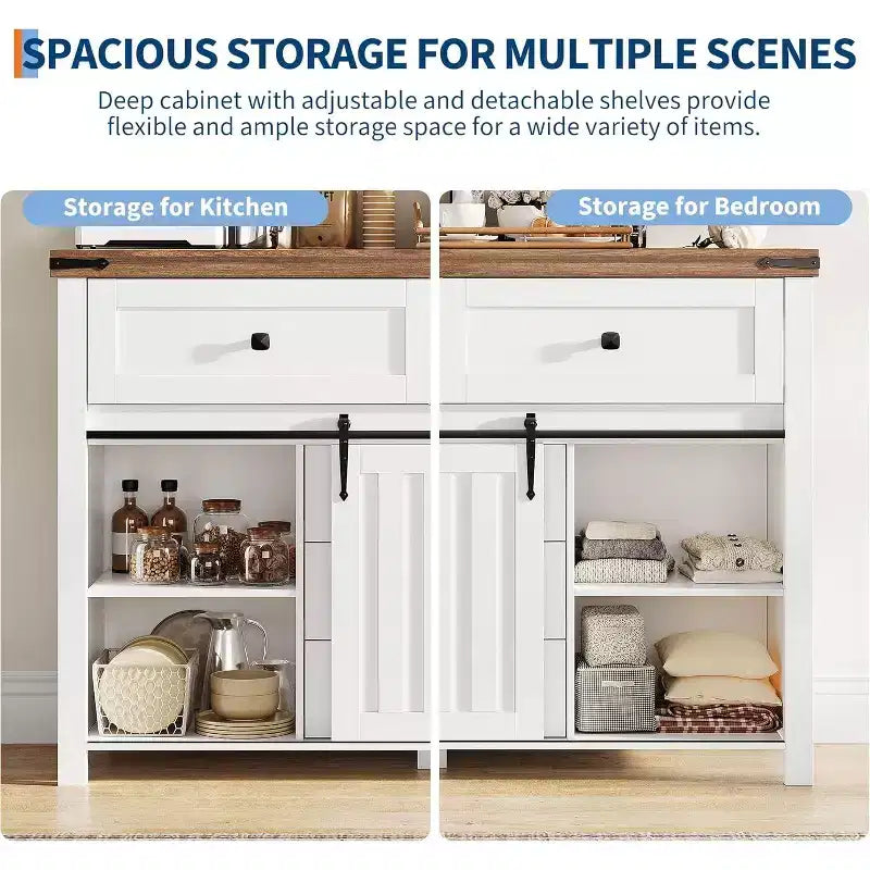 47-Inch Farmhouse Dresser with 5 Drawers and Sliding Barn Doors, White