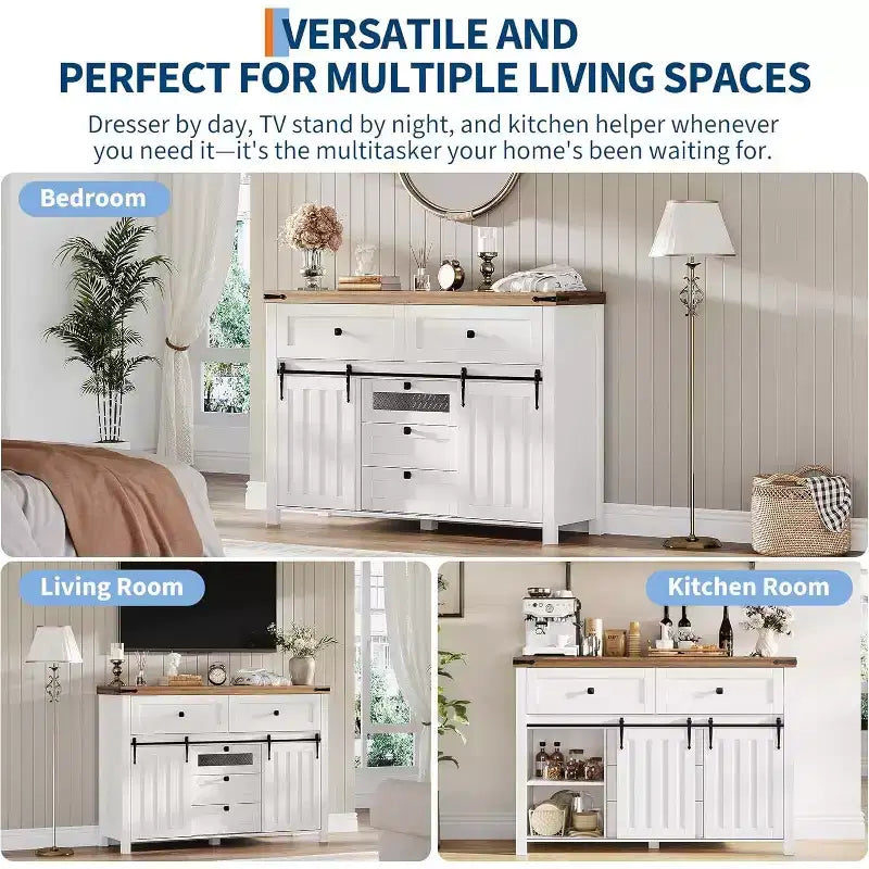 47-Inch Farmhouse Dresser with 5 Drawers and Sliding Barn Doors, White