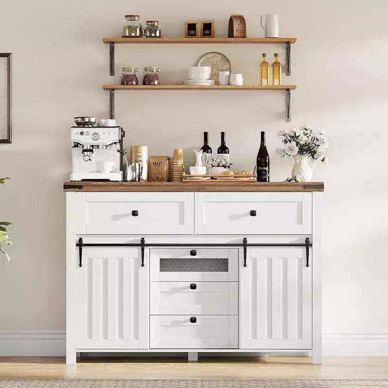 47-Inch Farmhouse Dresser with 5 Drawers and Sliding Barn Doors, White