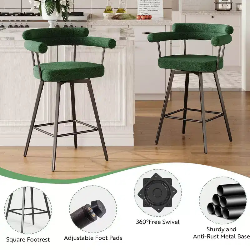 TYBOATLE Set of 2 Modern Swivel Counter Height Bar Stools with Metal Legs and Boucle Fabric Backrest