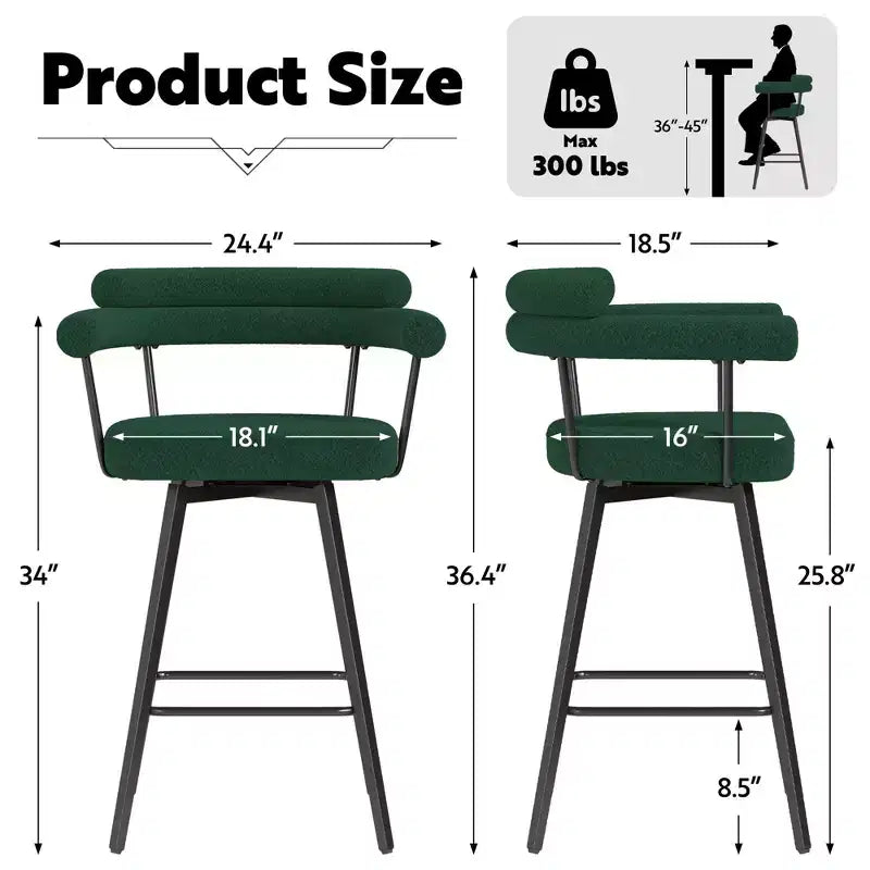 TYBOATLE Set of 2 Modern Swivel Counter Height Bar Stools with Metal Legs and Boucle Fabric Backrest