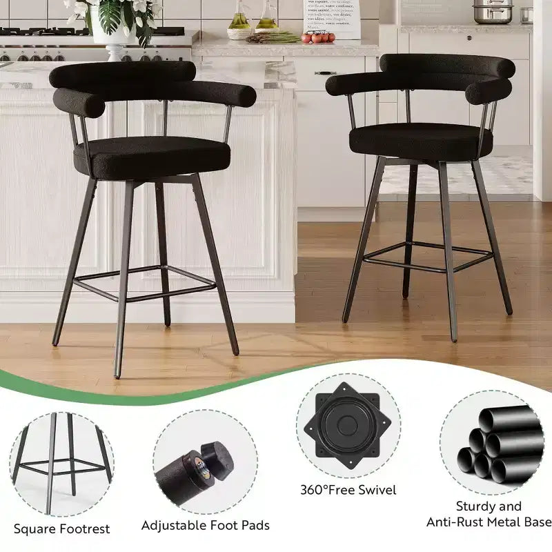 TYBOATLE Set of 2 Modern Swivel Counter Height Bar Stools with Metal Legs and Boucle Fabric Backrest