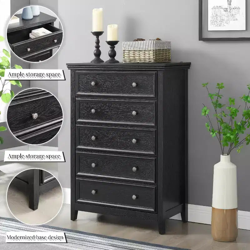 5-Drawer Dresser Chest, Farmhouse Style, Anti-Tip, for Bedroom or Living Room