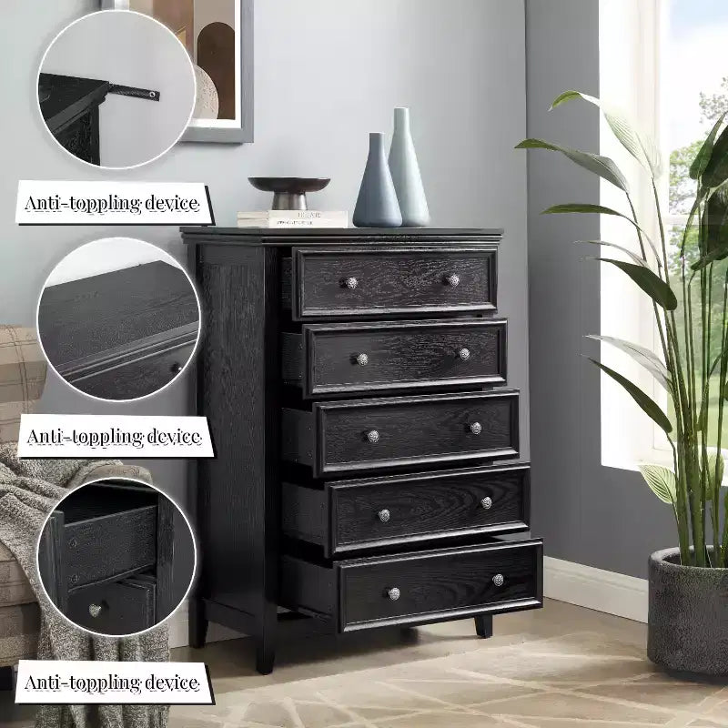 5-Drawer Dresser Chest, Farmhouse Style, Anti-Tip, for Bedroom or Living Room