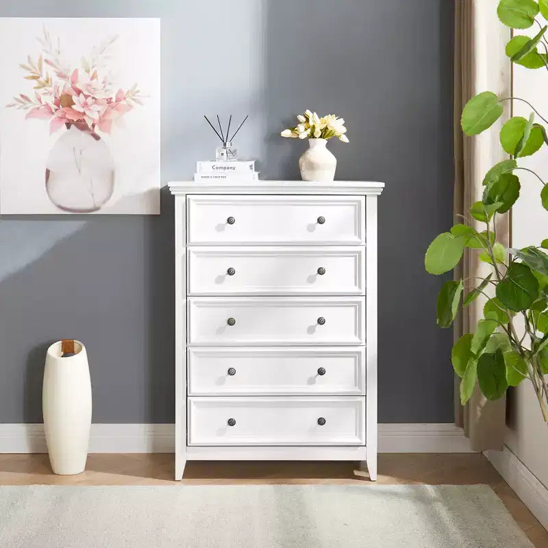 5-Drawer Dresser Chest, Farmhouse Style, Anti-Tip, for Bedroom or Living Room