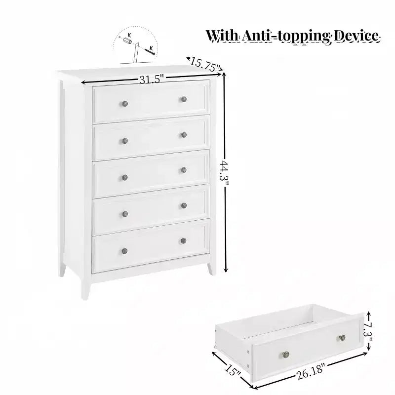 5-Drawer Dresser Chest, Farmhouse Style, Anti-Tip, for Bedroom or Living Room