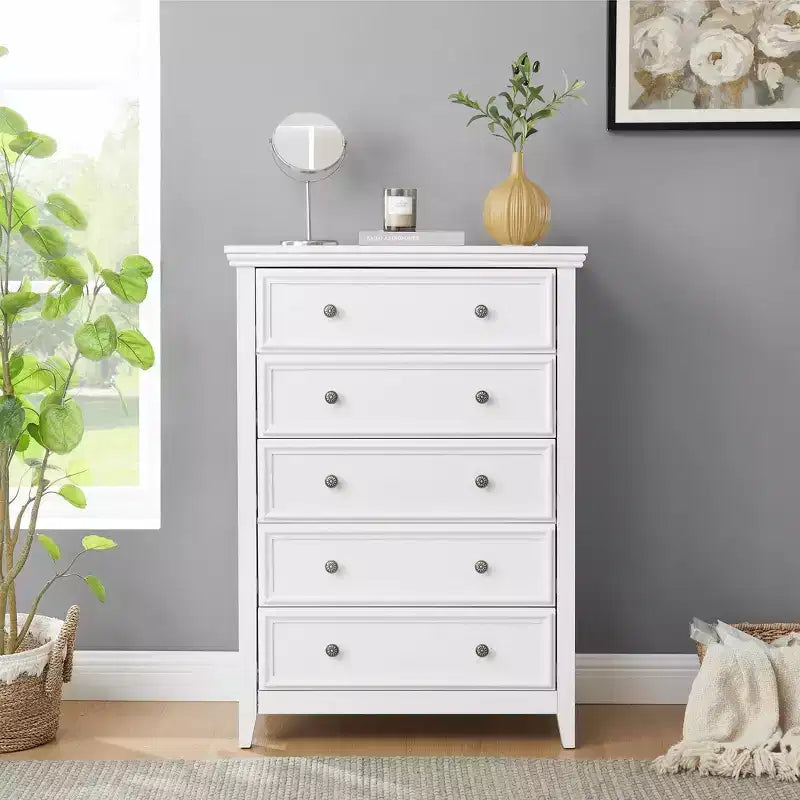 5-Drawer Dresser Chest, Farmhouse Style, Anti-Tip, for Bedroom or Living Room
