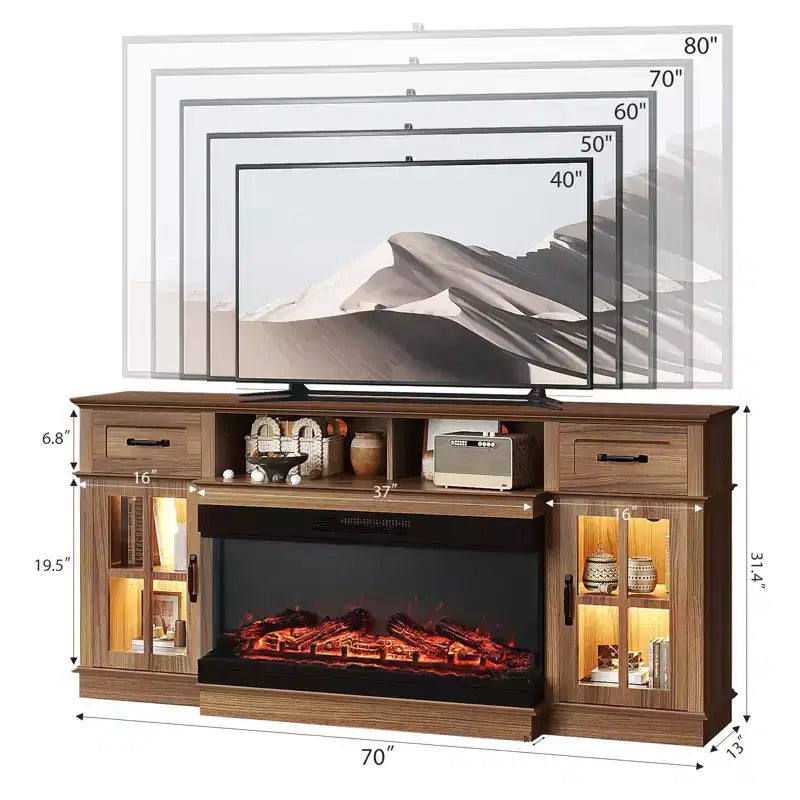 70-Inch Farmhouse TV Stand with Electric Fireplace, Glass Doors, Adjustable Shelves