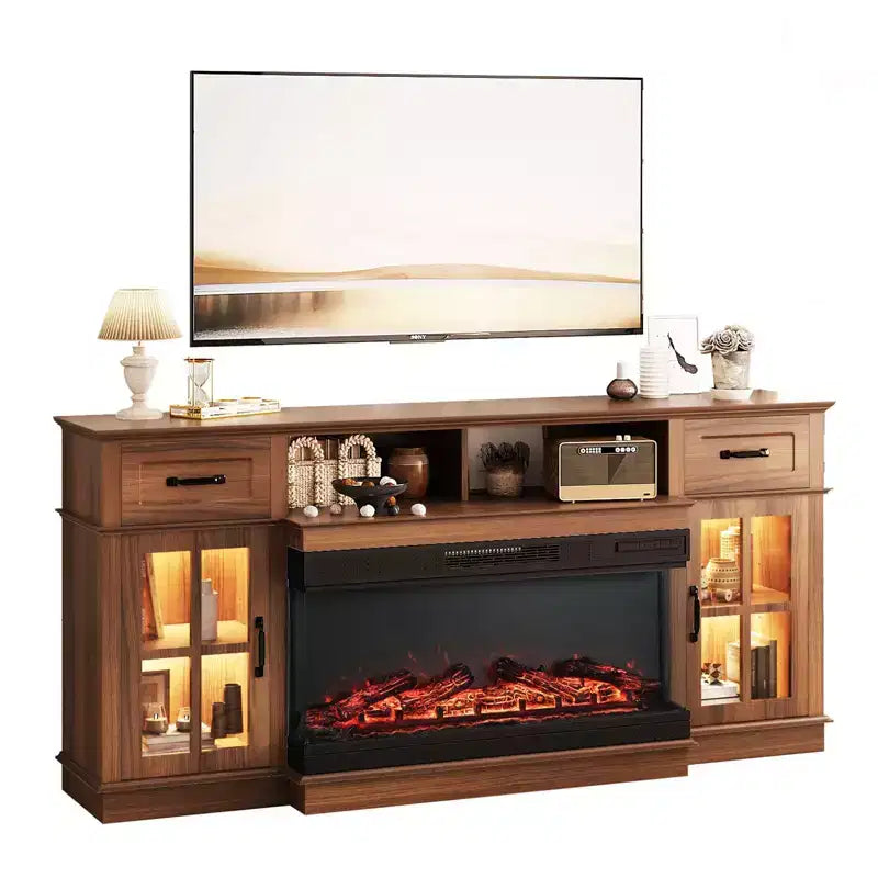 70-Inch Farmhouse TV Stand with Electric Fireplace, Glass Doors, Adjustable Shelves