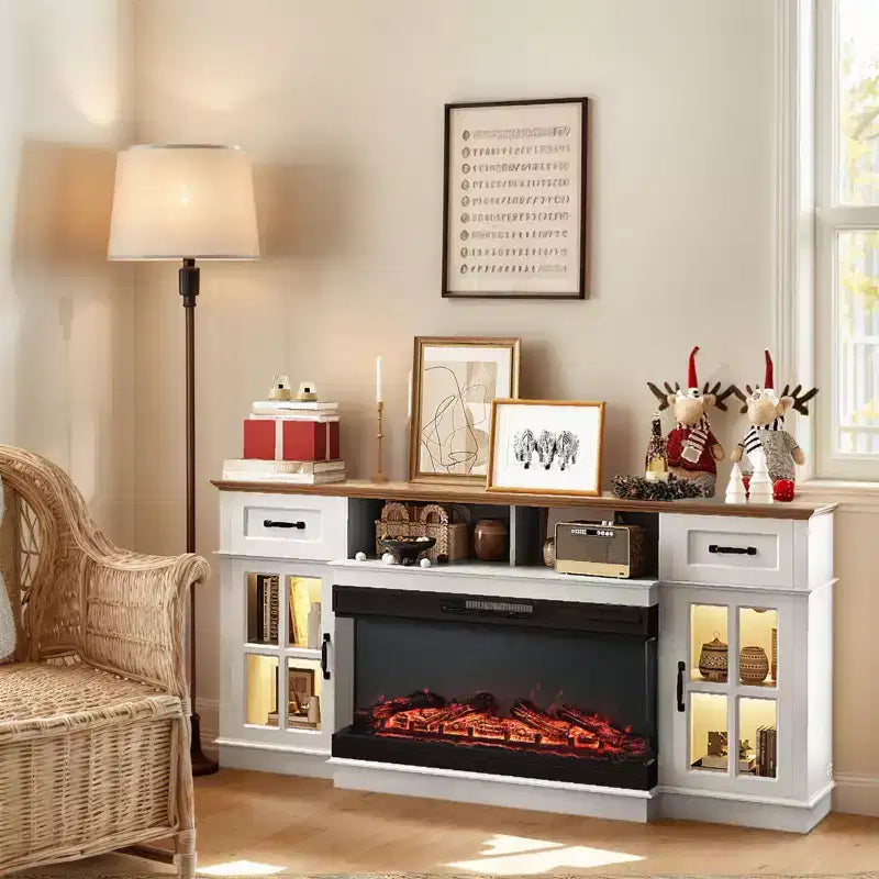 70-Inch Farmhouse TV Stand with Electric Fireplace, Glass Doors, Adjustable Shelves