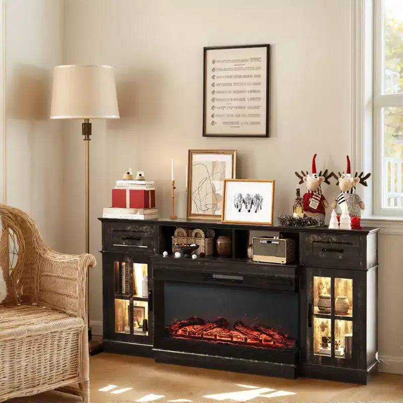 70-Inch Farmhouse TV Stand with Electric Fireplace, Glass Doors, Adjustable Shelves