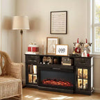 70-Inch Farmhouse TV Stand with Electric Fireplace, Glass Doors, Adjustable Shelves