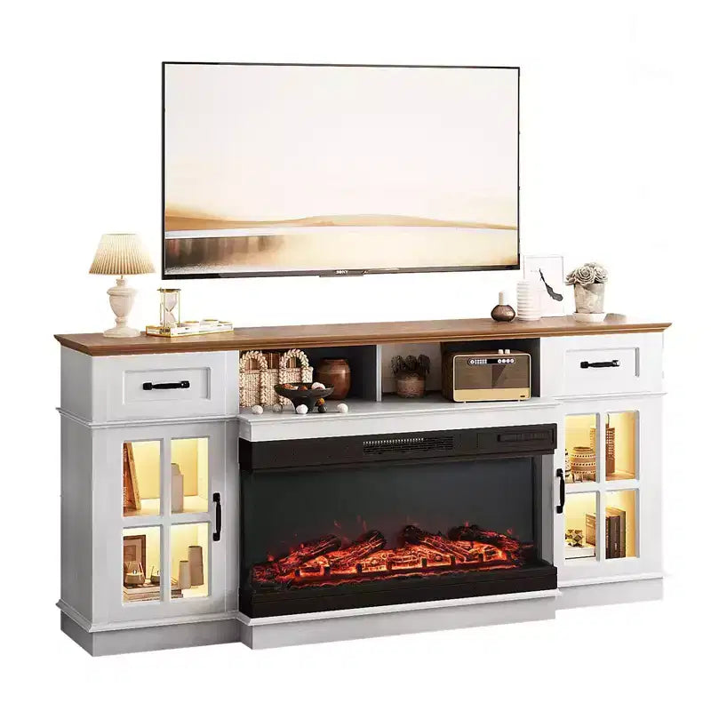 70-Inch Farmhouse TV Stand with Electric Fireplace, Glass Doors, Adjustable Shelves