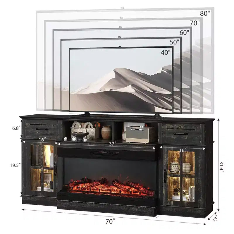 70-Inch Farmhouse TV Stand with Electric Fireplace, Glass Doors, Adjustable Shelves