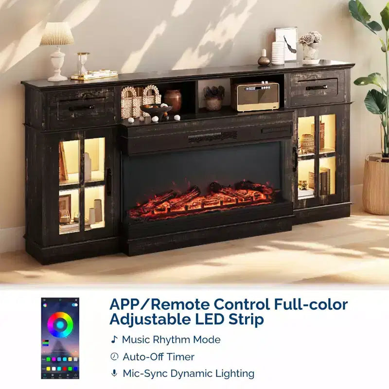 70-Inch Farmhouse TV Stand with Electric Fireplace, Glass Doors, Adjustable Shelves