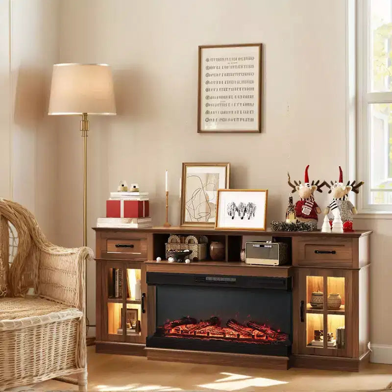 70-Inch Farmhouse TV Stand with Electric Fireplace, Glass Doors, Adjustable Shelves
