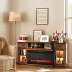 70-Inch Farmhouse TV Stand with Electric Fireplace, Glass Doors, Adjustable Shelves