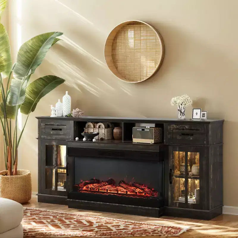 Farmhouse 70'' TV Stand For Tvs Up To 80'' With Electric Fireplace and Adjustable Shelves