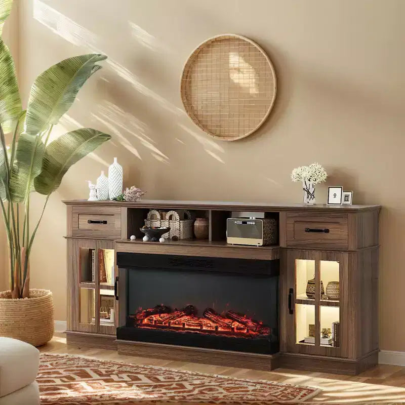 70-Inch Farmhouse TV Stand with Electric Fireplace, Glass Doors, Adjustable Shelves