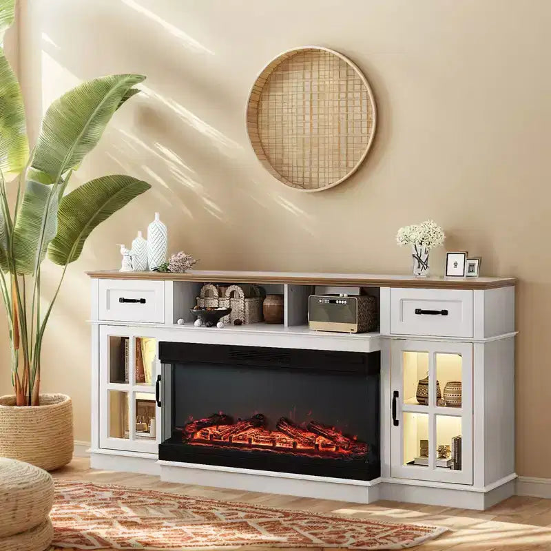 70-Inch Farmhouse TV Stand with Electric Fireplace, Glass Doors, Adjustable Shelves