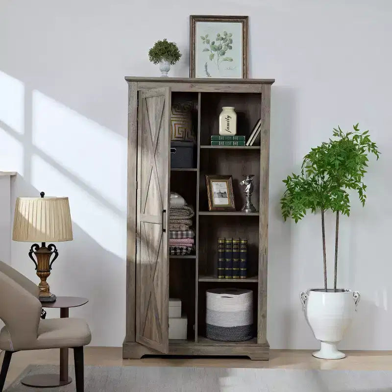 74 Tall Farmhouse Storage Cabinet, Rustic Engineered Wood Kitchen Pantry with Barn Door Style X-Door and Open Shelves - Panipeachy
