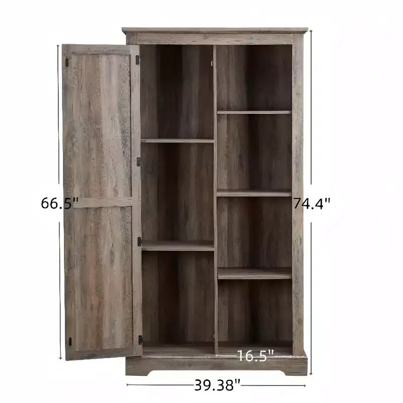 74 Tall Farmhouse Storage Cabinet, Rustic Engineered Wood Kitchen Pantry with Barn Door Style X-Door and Open Shelves - Panipeachy