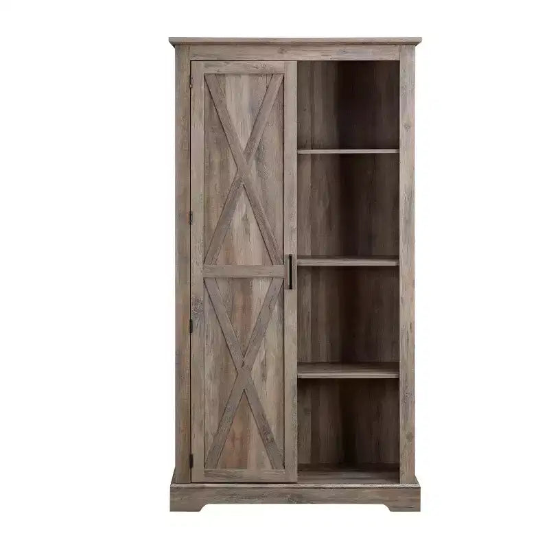 74 Tall Farmhouse Storage Cabinet, Rustic Engineered Wood Kitchen Pantry with Barn Door Style X-Door and Open Shelves - Panipeachy