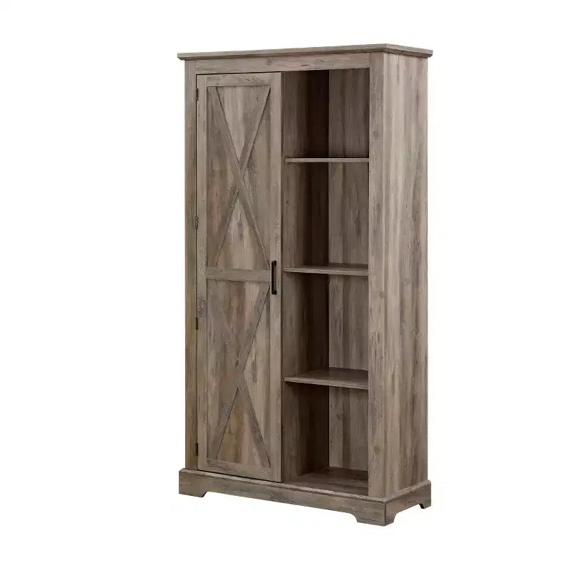 74 Tall Farmhouse Storage Cabinet, Rustic Engineered Wood Kitchen Pantry with Barn Door Style X-Door and Open Shelves - Panipeachy