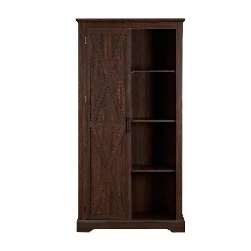 74 Tall Farmhouse Storage Cabinet, Rustic Engineered Wood Kitchen Pantry with Barn Door Style X-Door and Open Shelves - Panipeachy