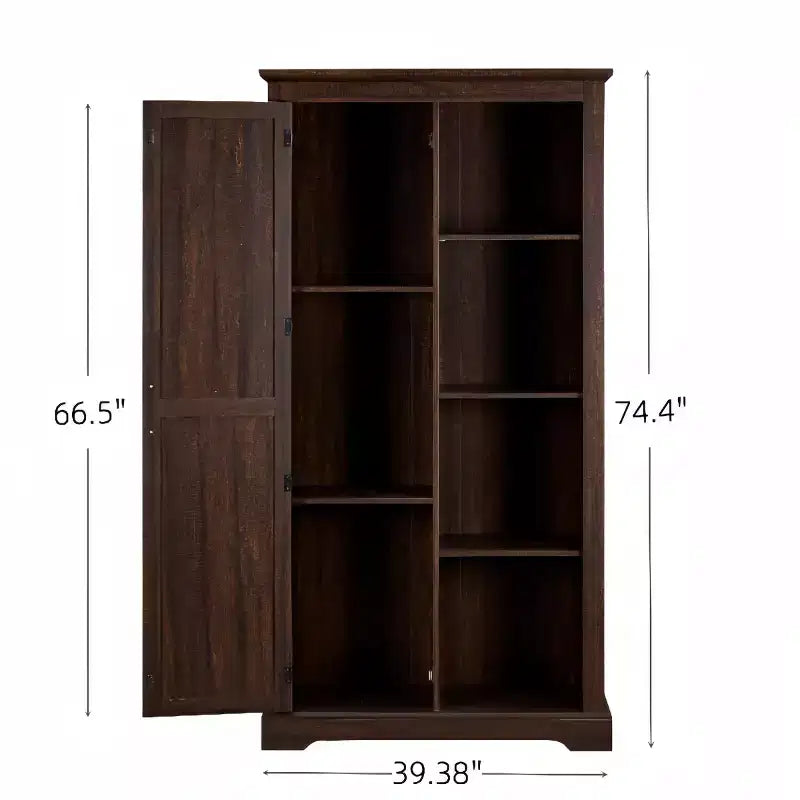 74 Tall Farmhouse Storage Cabinet, Rustic Engineered Wood Kitchen Pantry with Barn Door Style X-Door and Open Shelves - Panipeachy