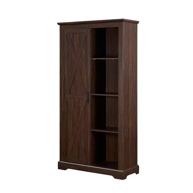 74 Tall Farmhouse Storage Cabinet, Rustic Engineered Wood Kitchen Pantry with Barn Door Style X-Door and Open Shelves - Panipeachy