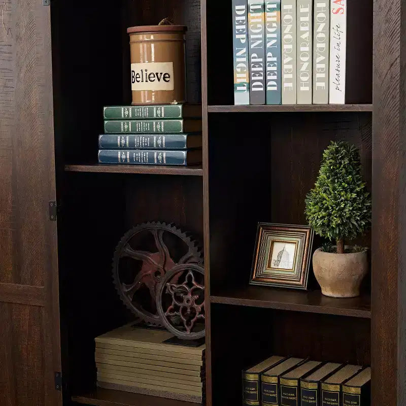 74 Tall Farmhouse Storage Cabinet, Rustic Engineered Wood Kitchen Pantry with Barn Door Style X-Door and Open Shelves - Panipeachy