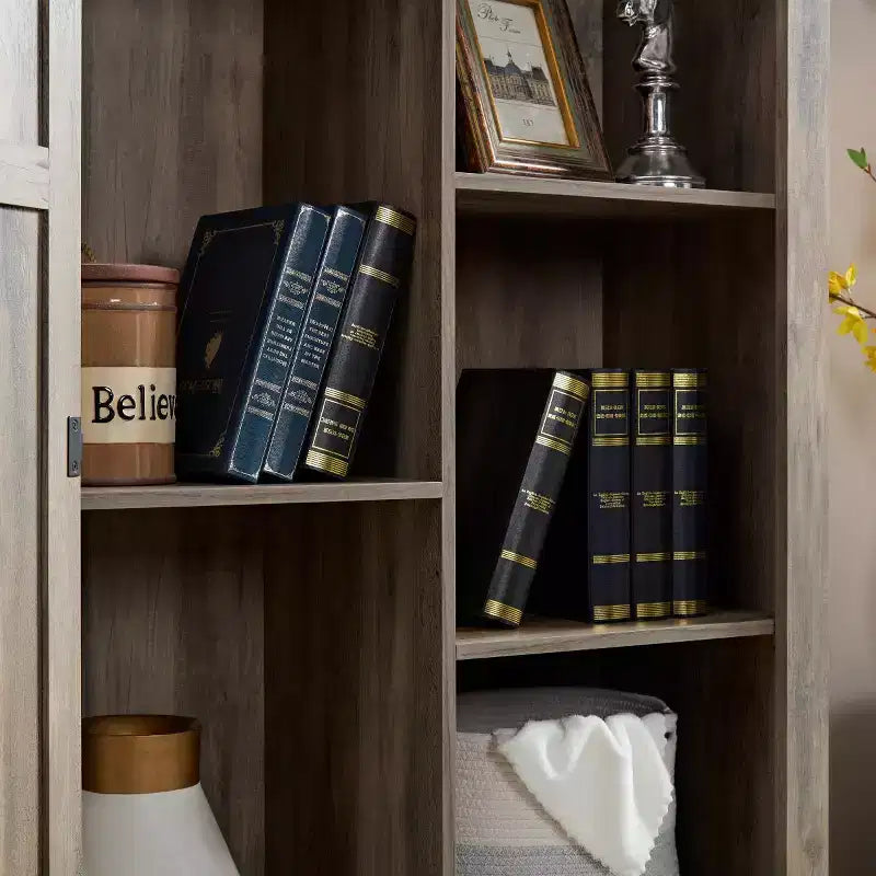 74 Tall Farmhouse Storage Cabinet, Rustic Engineered Wood Kitchen Pantry with Barn Door Style X-Door and Open Shelves - Panipeachy